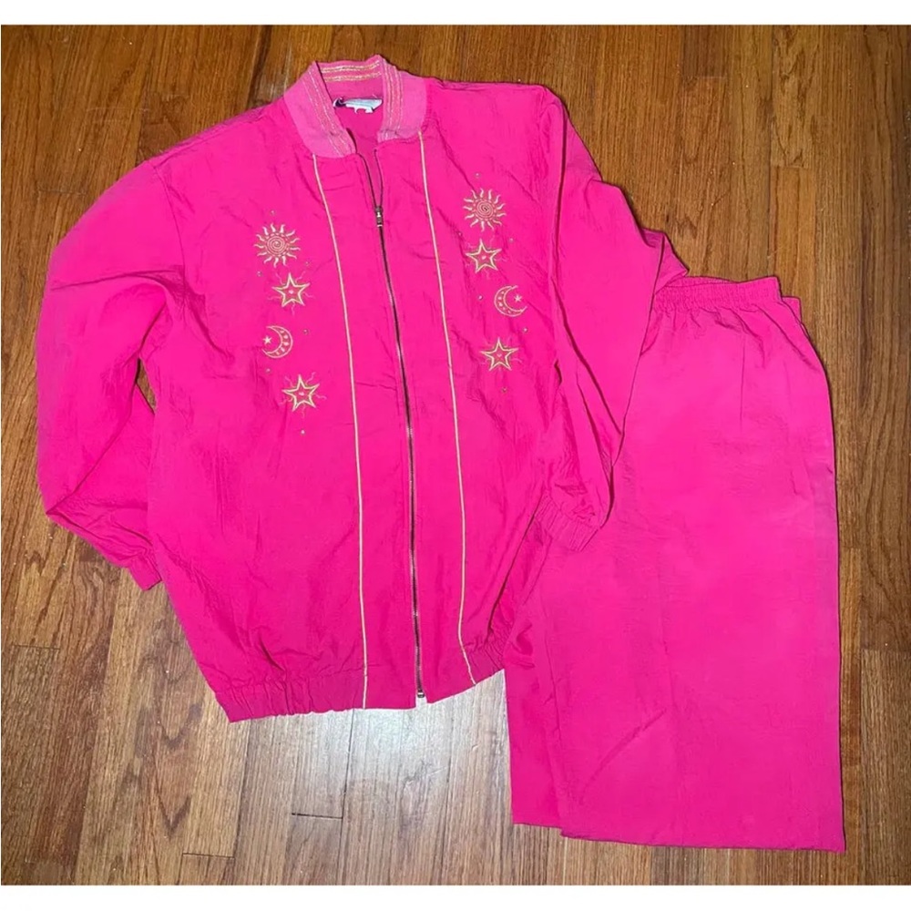 VTG Delta Burke Pink Gold Track Suit Outfit Set Jacket Pants Stars Moons Suns XL